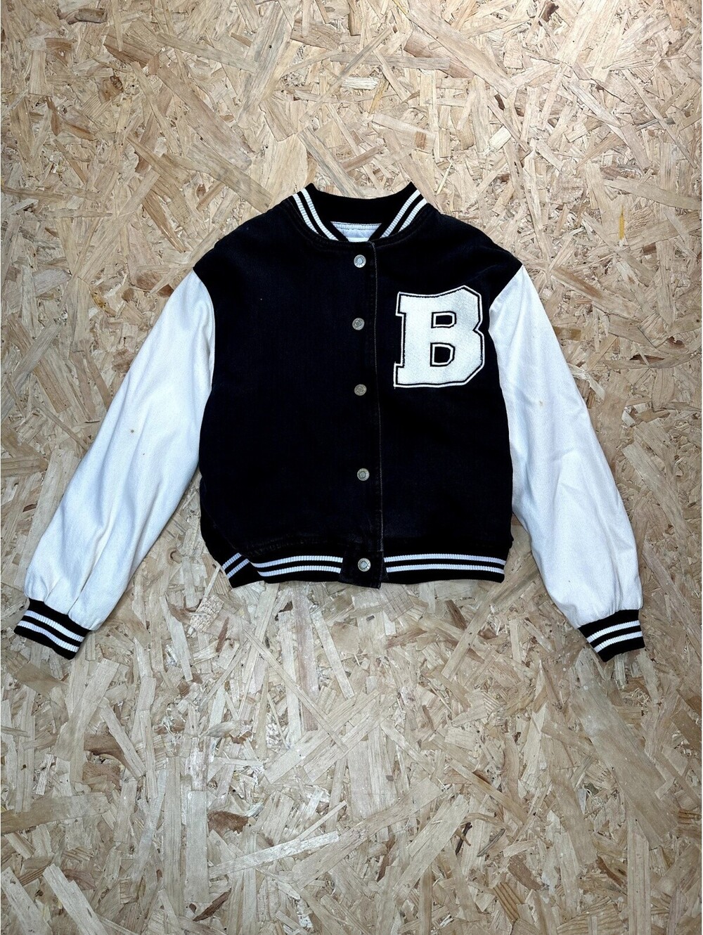 Zara Boys Varsity Jacket Size 11-12 Black White Denim Letterman Bomber